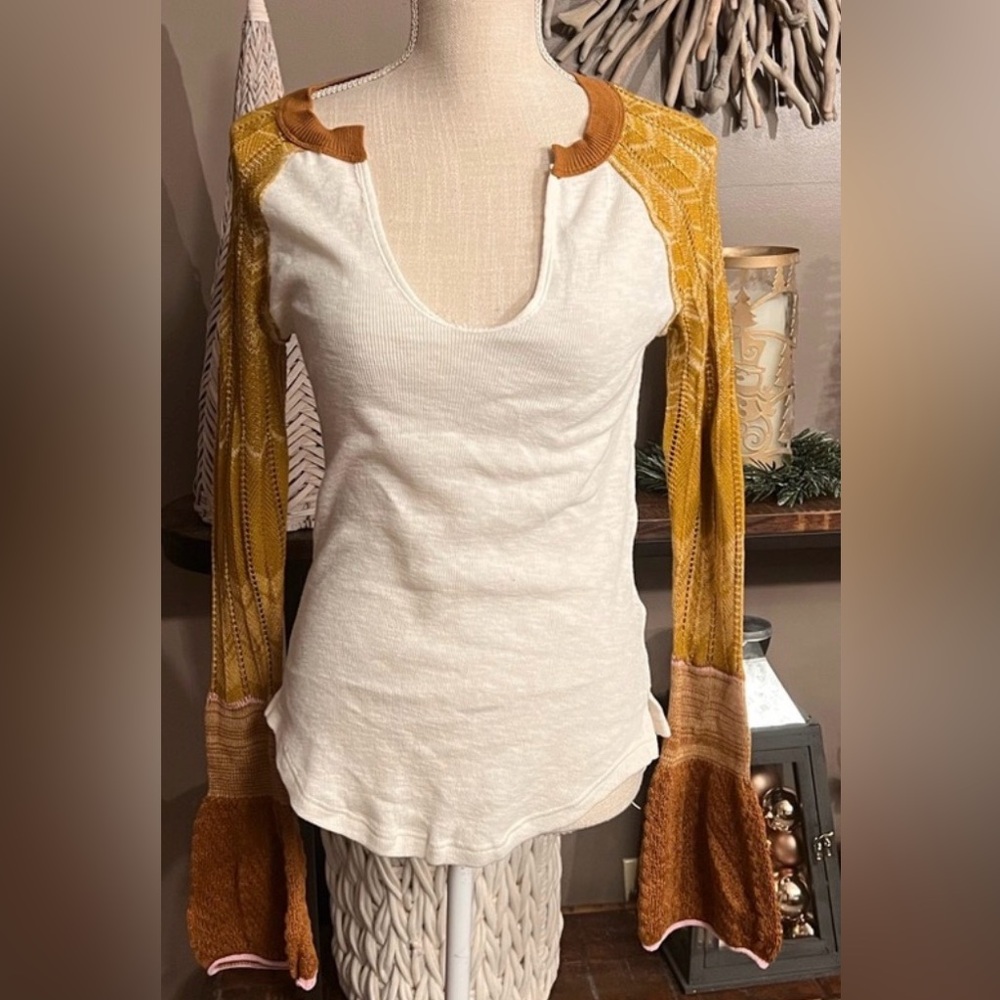 We The Free White Body with Mustard and Brown Bell-Sleeve Top